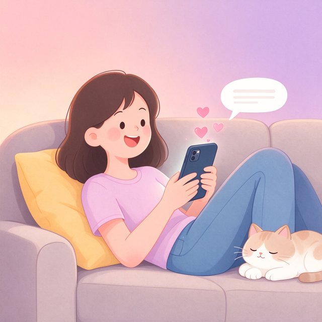 女孩窝在沙发抱着手机与AI聊天的温馨插画